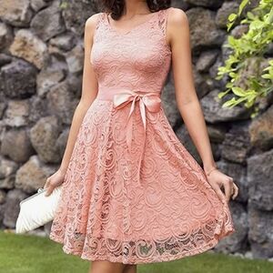 Dressystar Women Floral Lace V Neck Sleeveless Dress in Blush Size M
